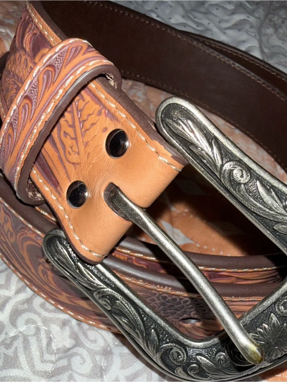 Hand-Tooled Floral Leather Belt in Brown and Tan